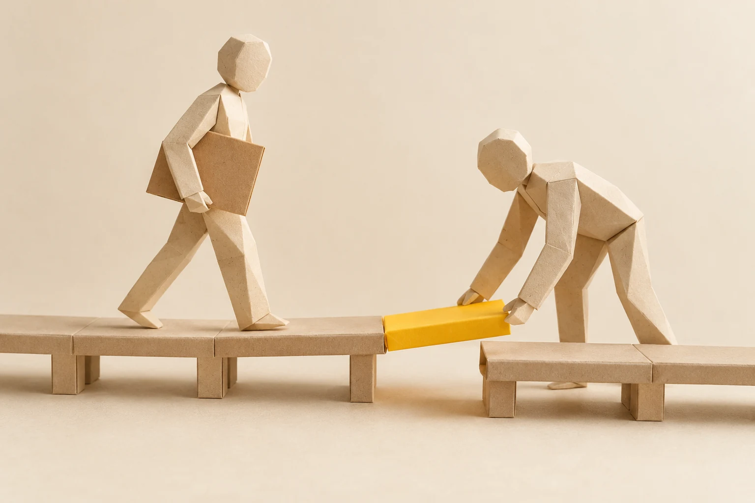 Illustration: a paper figure places a yellow connector in a walkway for a colleague carrying a folder.