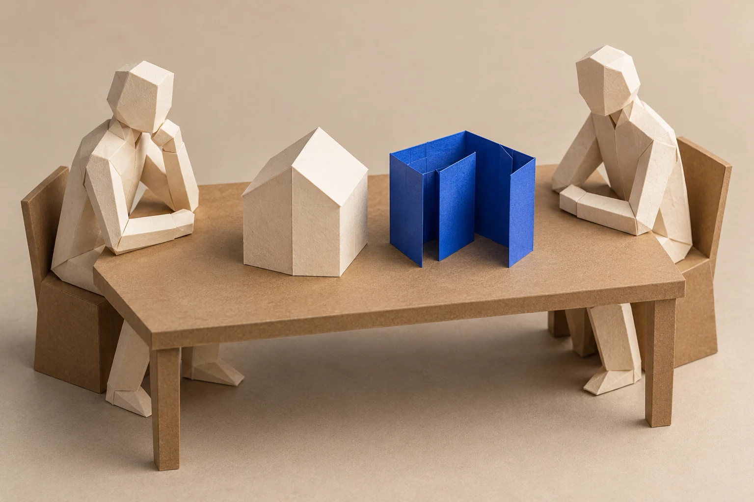 Illustration: two faceless paper figures compare a closed cream model and an open blue construction across a kraft table.