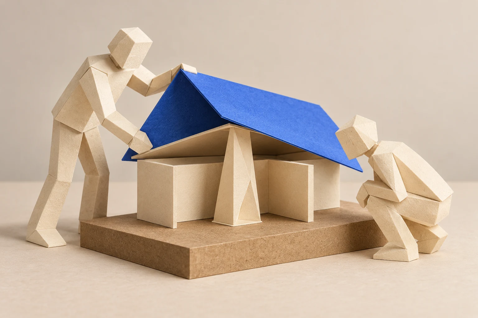 Illustration: two paper figures lift a blue roof panel and examine the support beneath it.