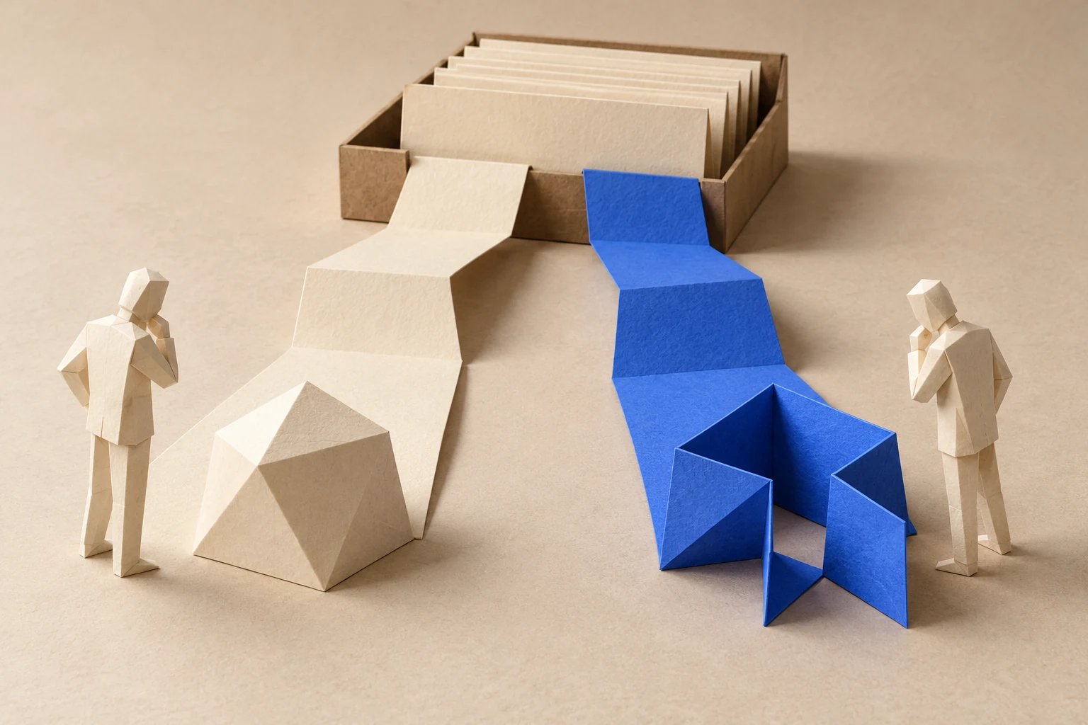 Illustration: separate cream and blue paper paths lead from an archive tray to different folded models, each examined by a paper figure.