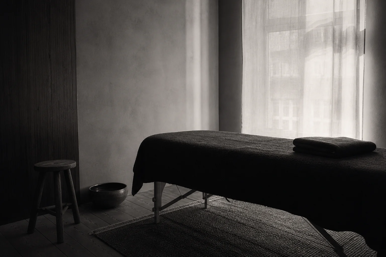 A quiet body-therapy room prepared for an individual session