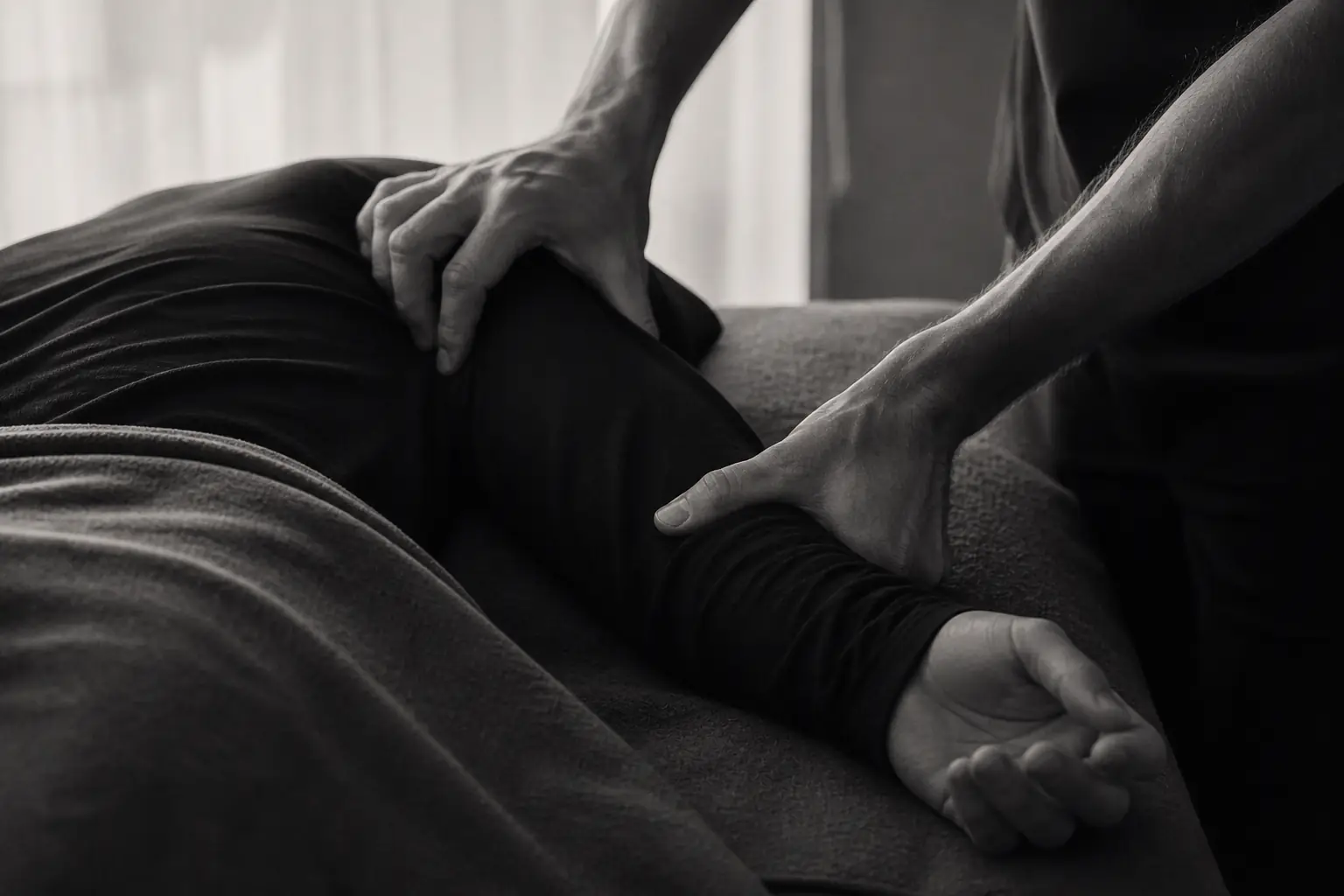 A close view of a body therapy session focused on the shoulder and arm