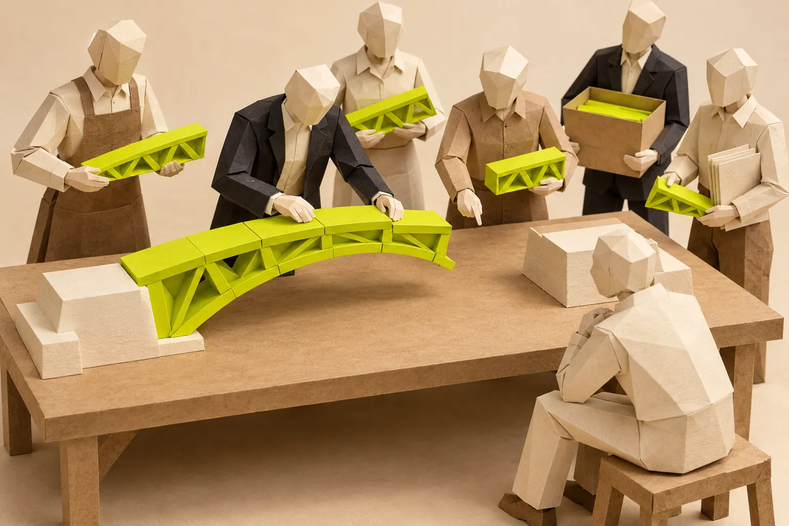 Illustration: faceless paper figures around a workshop table hold chartreuse parts of a half built paper bridge, one fitting its part into place, while a visitor sits on a stool at the side and listens
