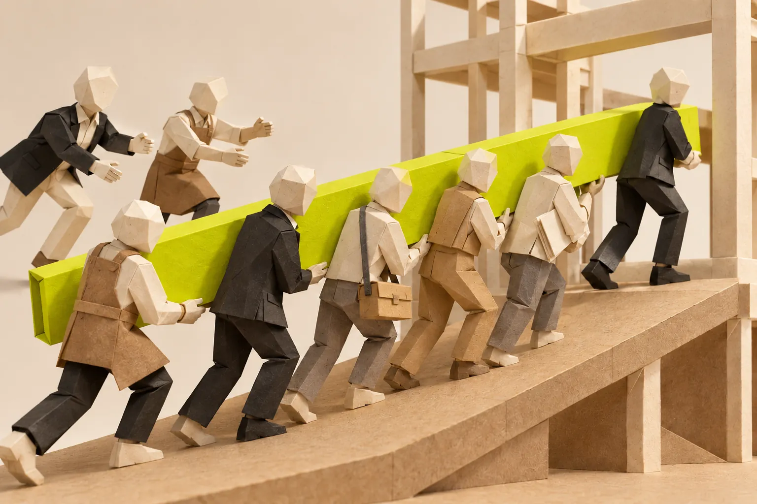 Illustration: many faceless paper figures carry a long chartreuse beam together up a kraft ramp towards an unfinished paper building frame, and two more hurry in from the side to take hold