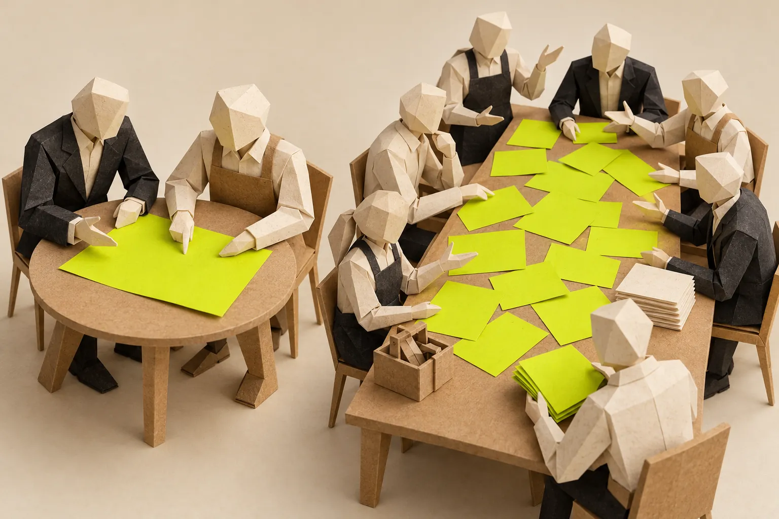 Illustration: two paper tables side by side. At a small round one, two faceless figures lean over one chartreuse sheet together; at a long one, a crowd of figures has covered the table with chartreuse cards, and a figure at the end gathers them into a stack