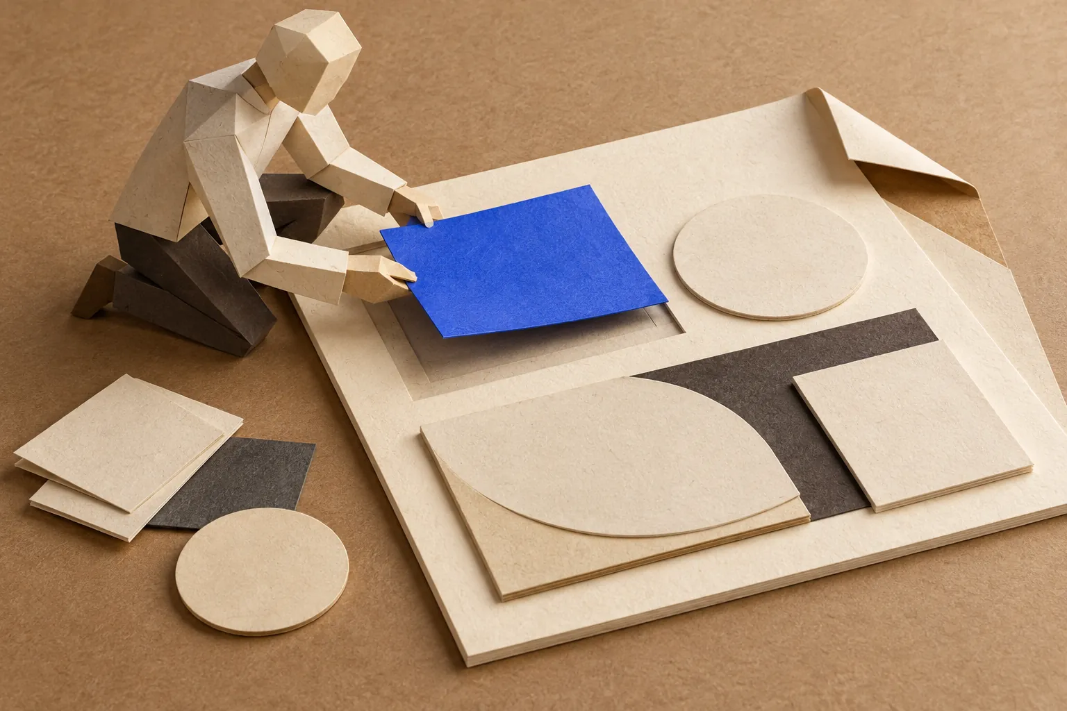 Illustration: a folded-paper figure lifts a blue rectangle from a layered composition while the other pieces remain in place.