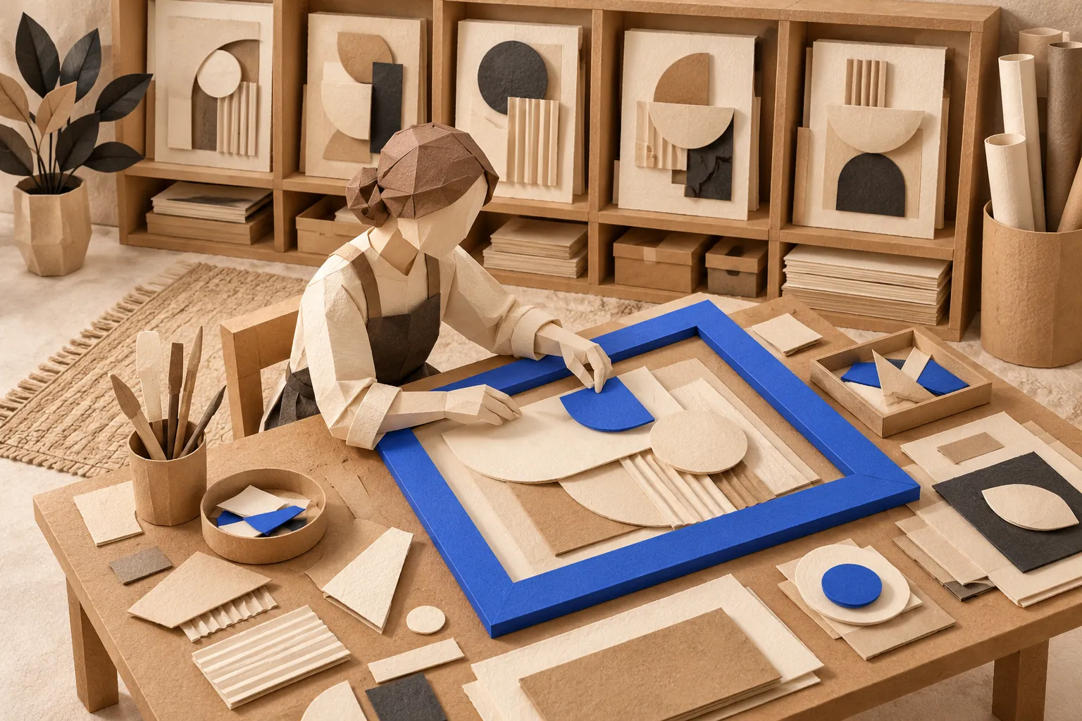Illustration: a faceless paper craftsperson arranges cut-paper shapes inside a blue frame, beside a library of paper compositions.