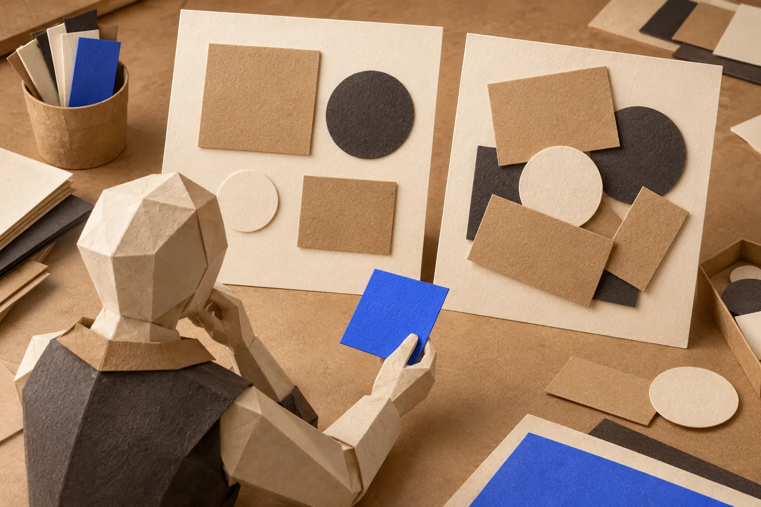 Illustration: a folded-paper figure compares a balanced arrangement of paper shapes with a crowded arrangement.