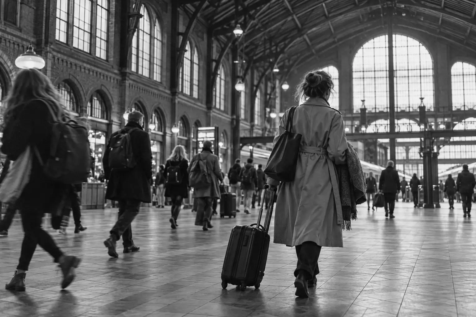 Illustration: a woman in a trench coat pulls a suitcase across a busy railway station concourse under a high iron and glass roof