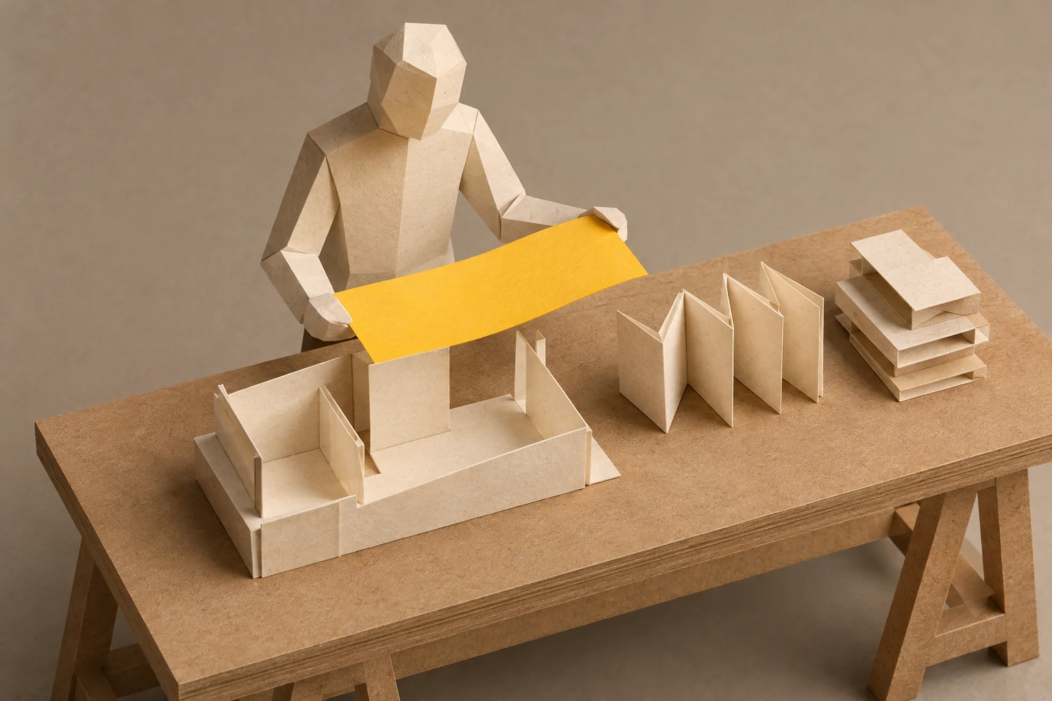 Illustration: a faceless paper figure holds a yellow strip beside an unfinished structure and two folded paper prototypes on a workbench.
