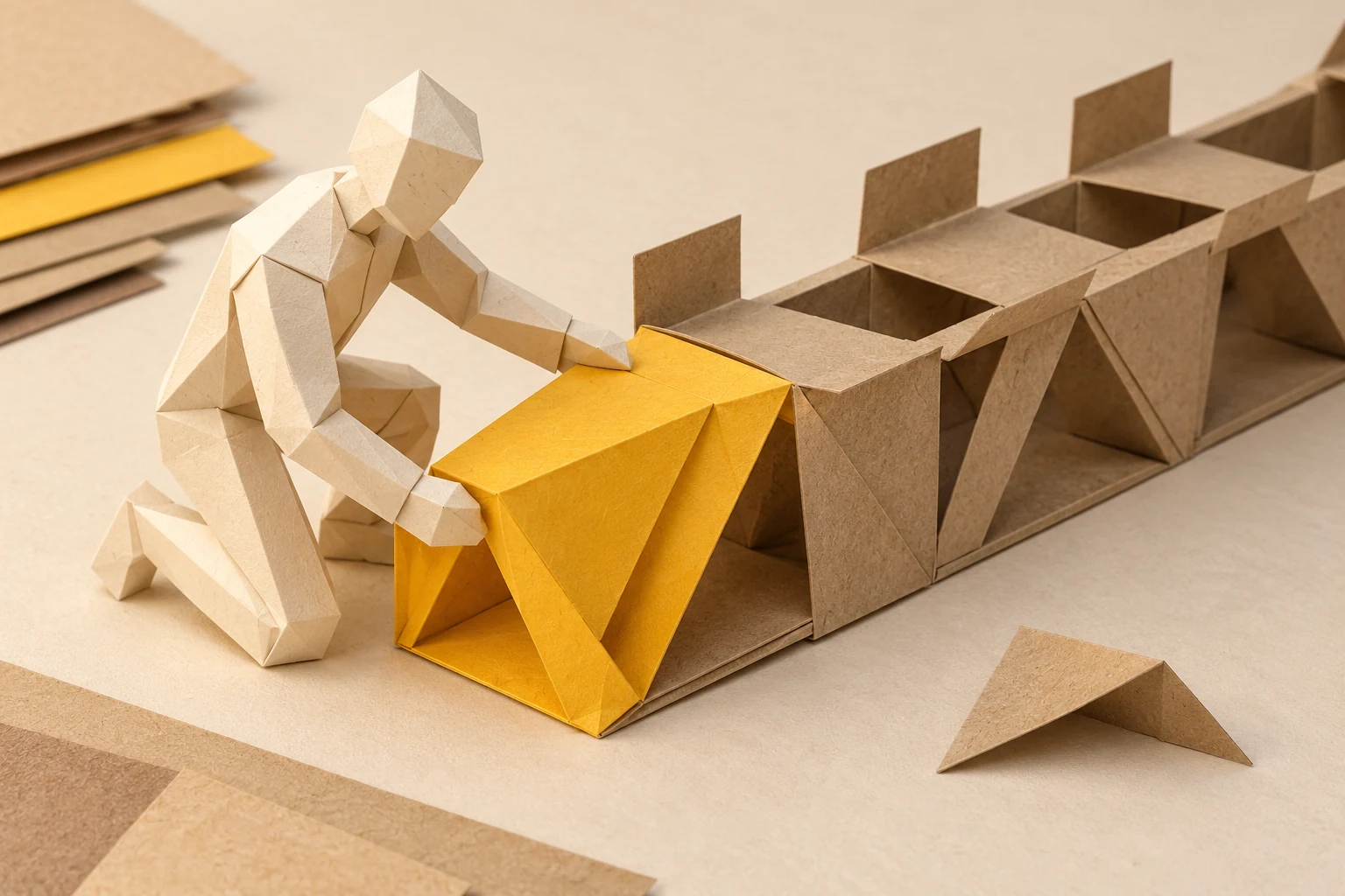 Illustration: a kneeling paper figure places a yellow folded component beside an unfinished kraft paper structure.