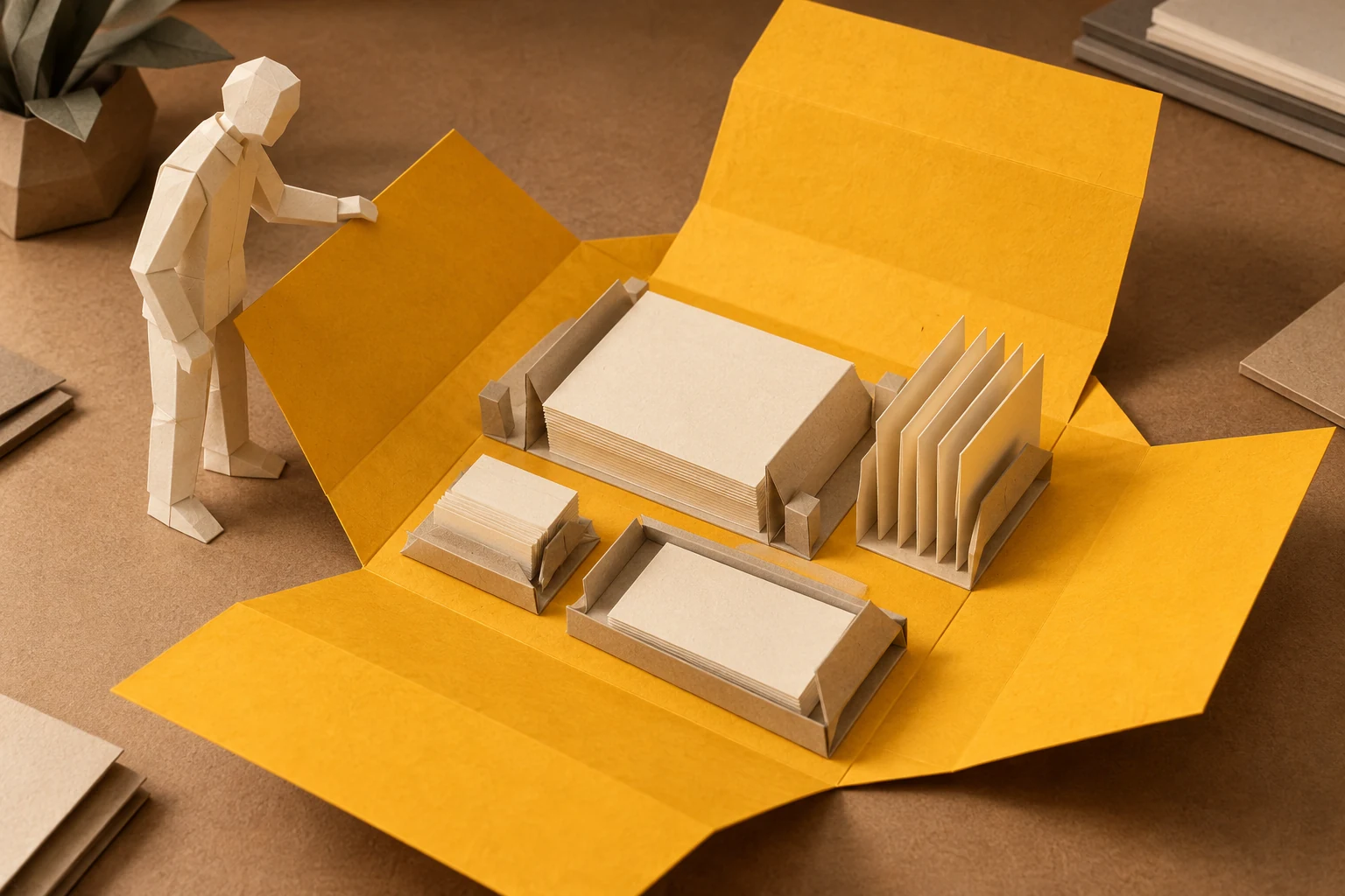 Illustration: a paper figure opens a yellow paper package containing blank sheets and upright folded panels.