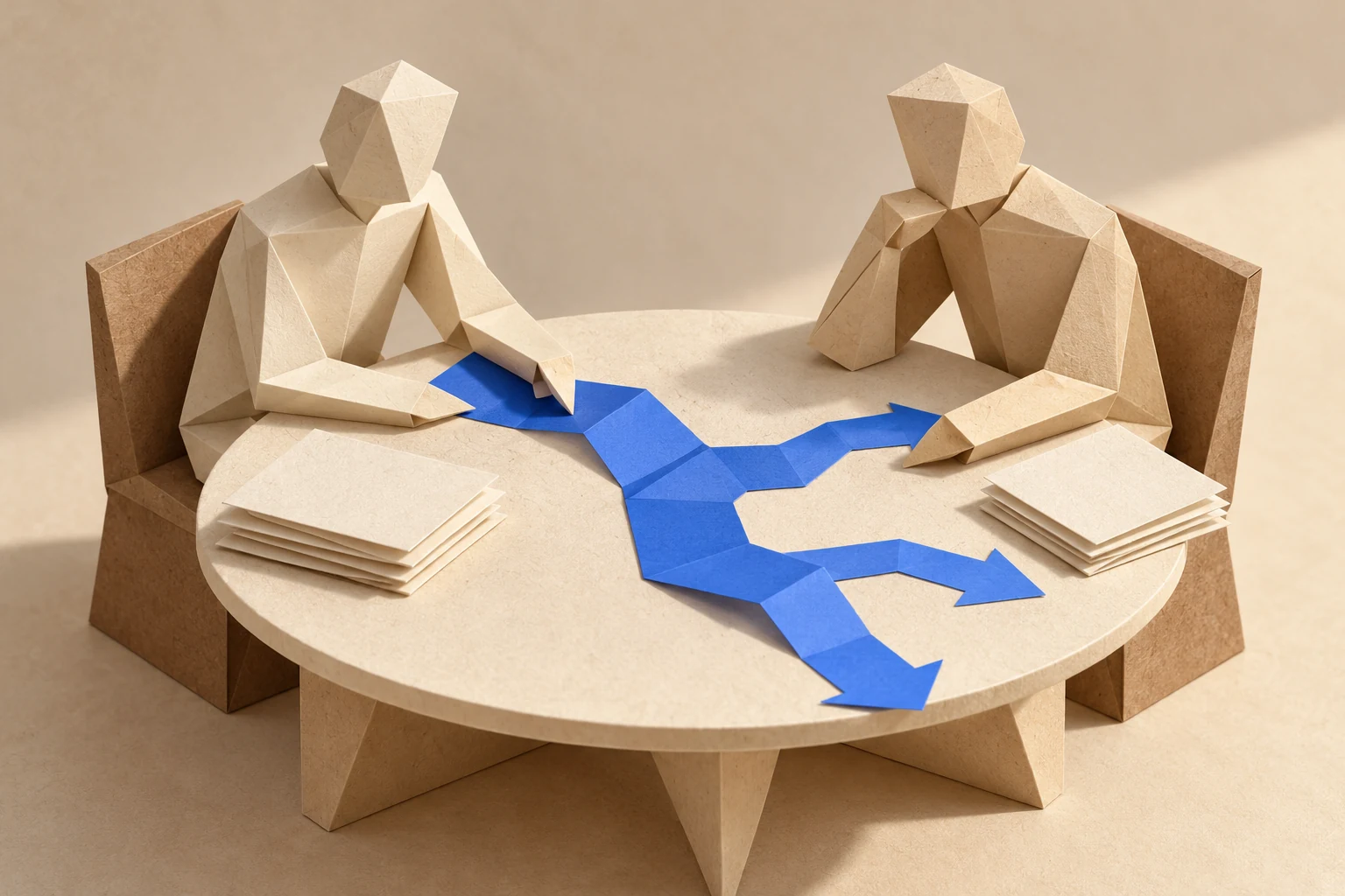 Illustration: two faceless paper figures consider a branching blue path across a table, each with a stack of papers.