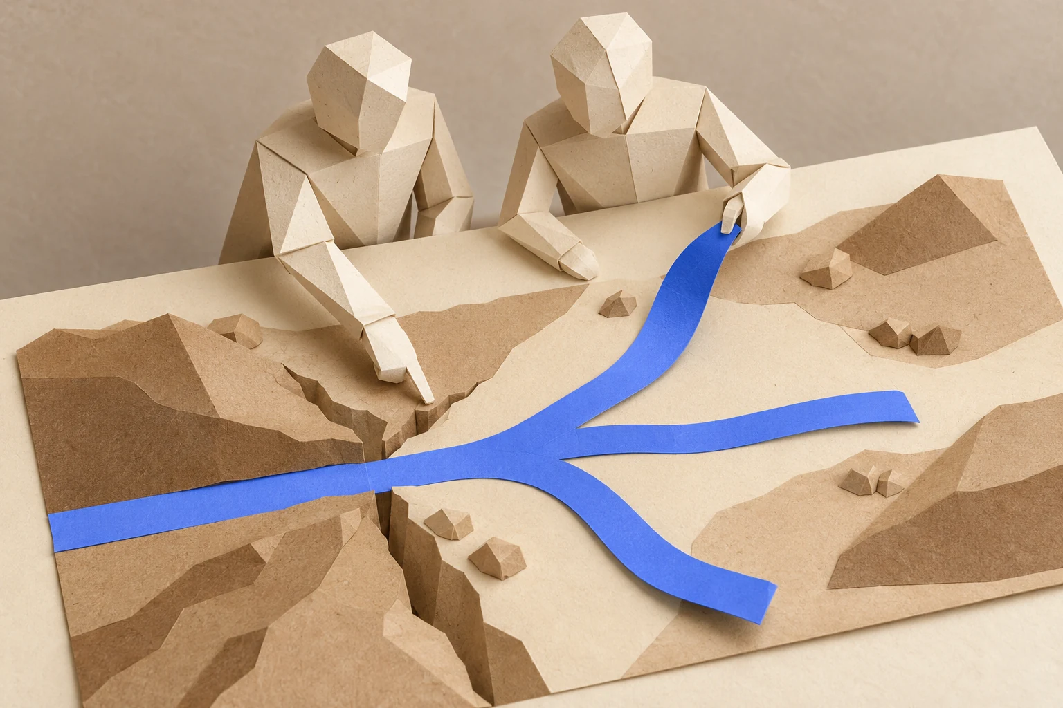 Illustration: two paper figures examine the branches of a blue path across folded kraft terrain.
