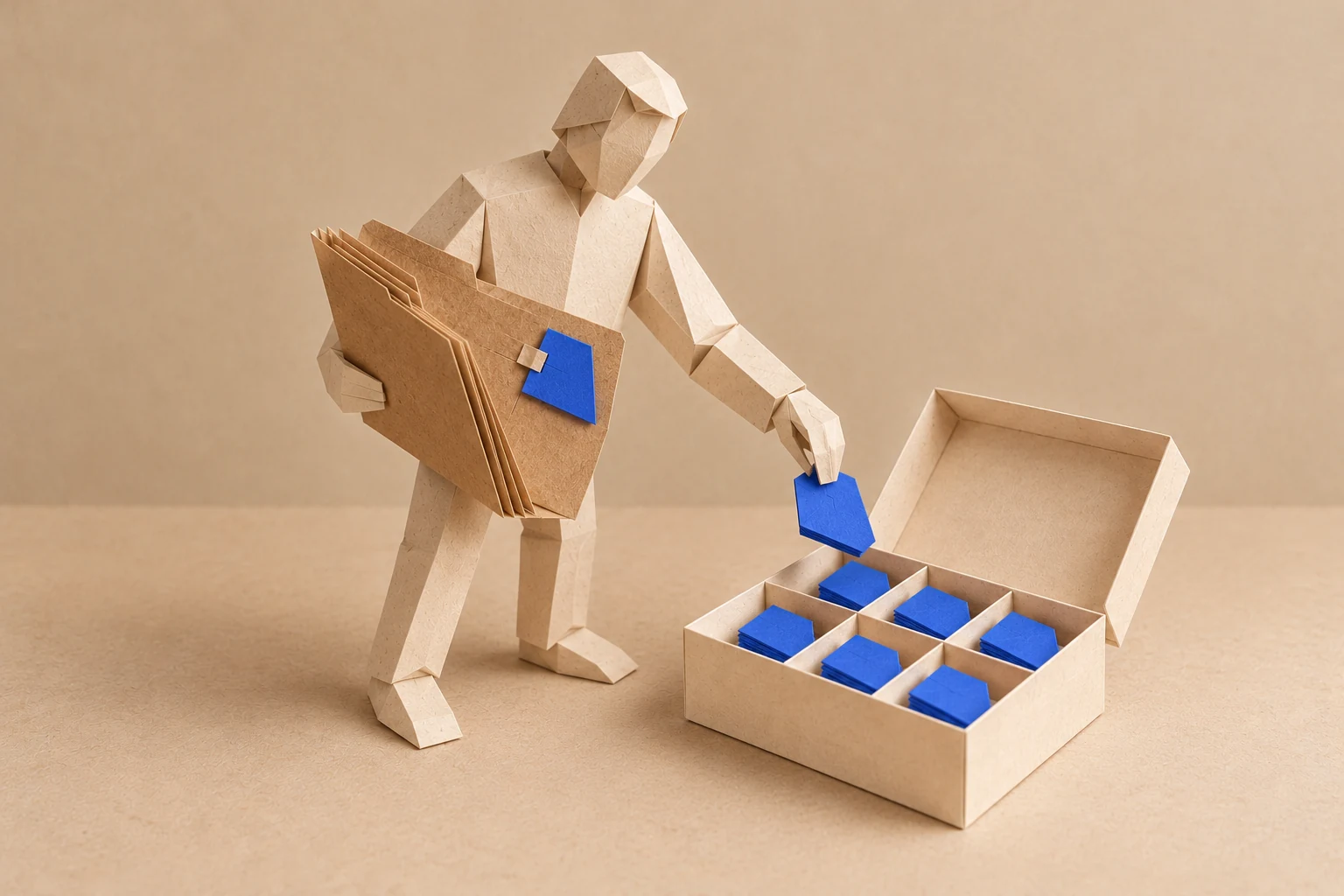 Illustration: a paper figure transfers blue pieces from a kraft folder into a divided paper box.