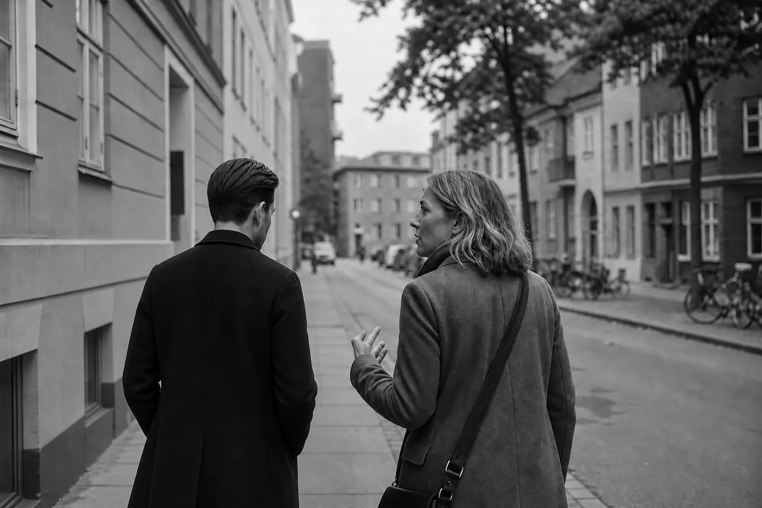 Jacob walking through Copenhagen in conversation with a self-employed person