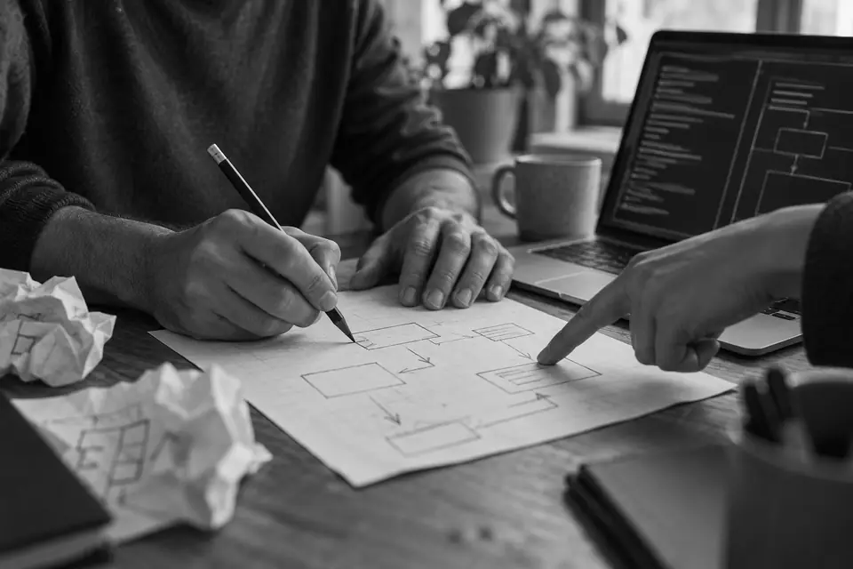 Illustration: two hands sketching a workflow of boxes and arrows beside a laptop while another hand points at one step