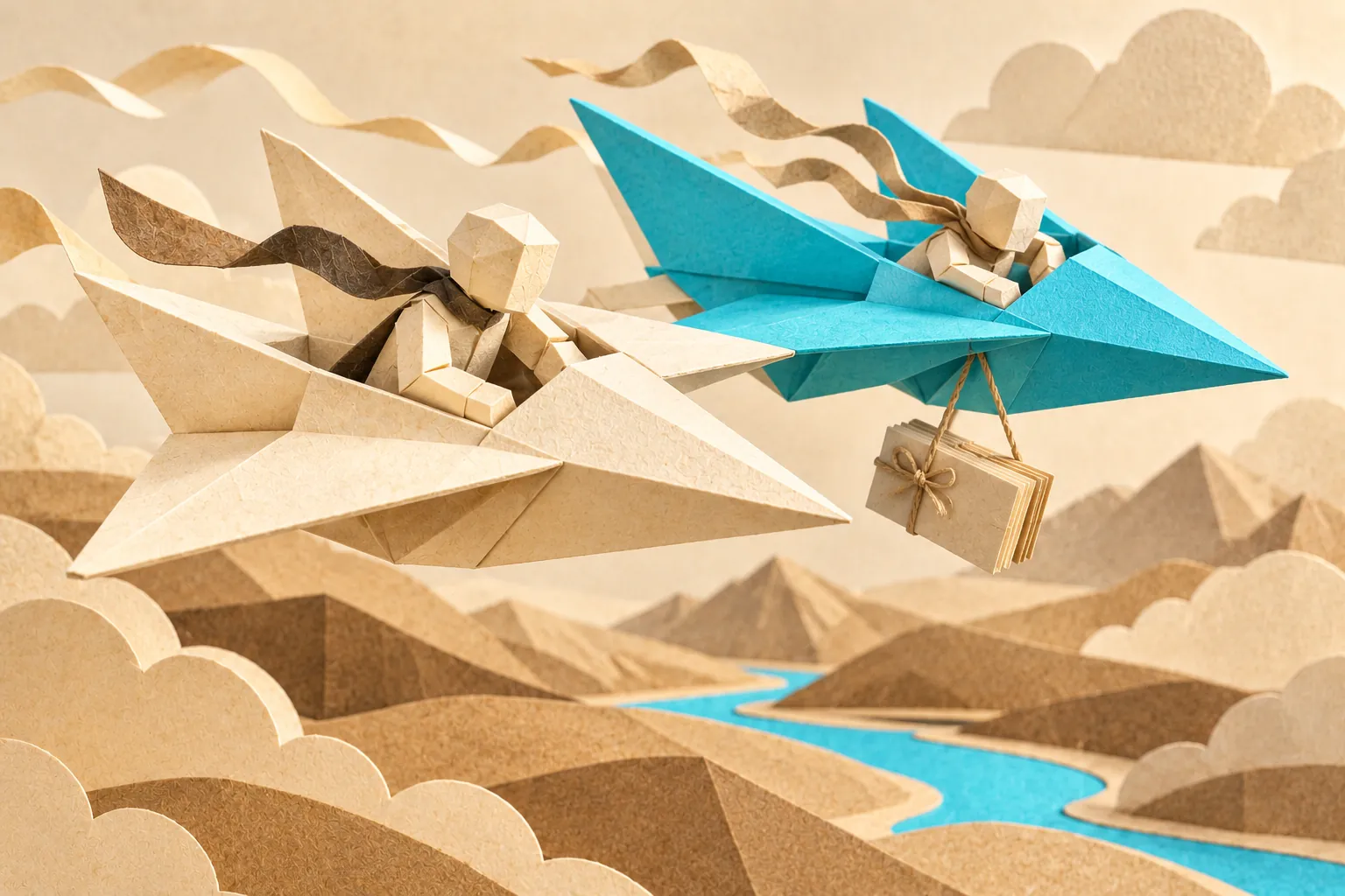 Illustration: two folded paper planes fly close together over paper hills and an aqua cyan river: a cream plane in front and an aqua cyan plane just beside it, each with a faceless pilot. A tied bundle of cards hangs under the cyan plane
