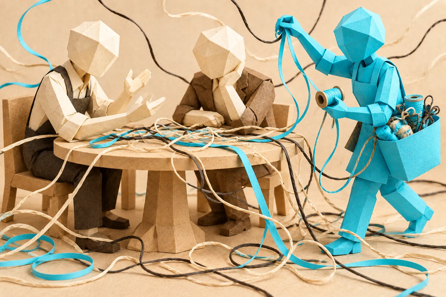 Illustration: two faceless paper figures talk at a round paper table while loose strings and ribbons spill across it and onto the floor; an aqua cyan paper figure gathers up the ends, a spool in one hand and a basket of tied bundles at its hip