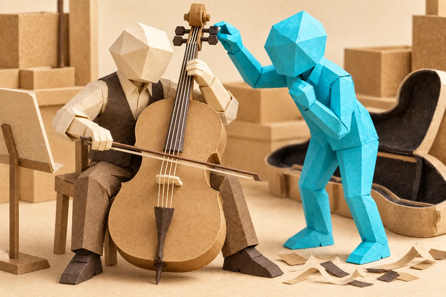 Illustration: a faceless paper figure plays a kraft paper cello while an aqua cyan paper figure leans in and turns one of the tuning pegs; an open cello case stands behind them and paper scraps lie on the floor