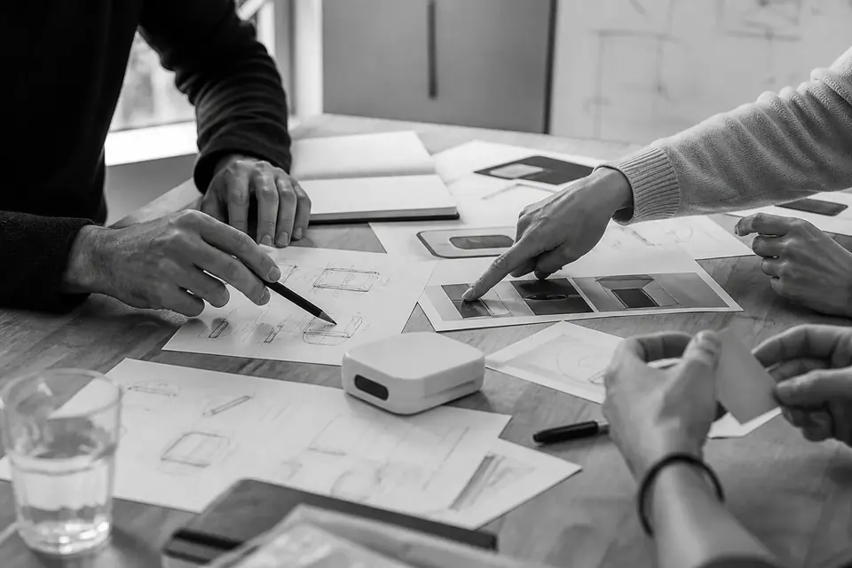 Illustration of people reviewing notes and sketches around a table
