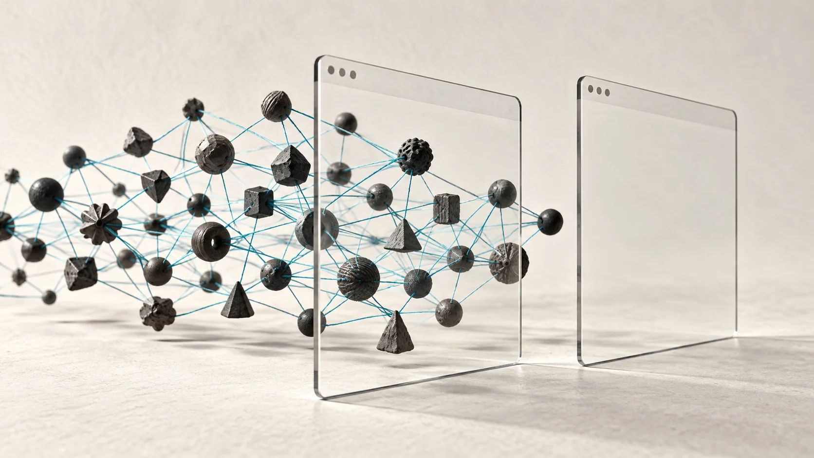Illustration: conceptual illustration of a network of distinct contributions passing through a transparent app window, beside an empty duplicate window