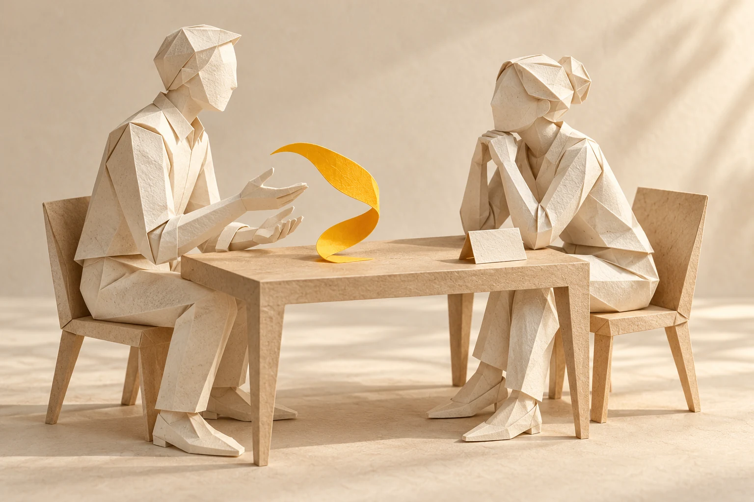 Illustration: two paper figures sit together, one listening while a yellow ribbon curves between them.