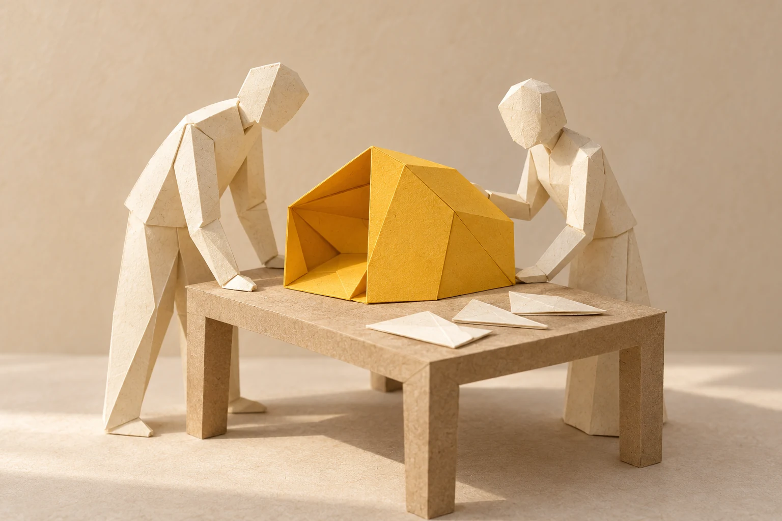 Illustration: two paper figures examine the open and closed sides of the same yellow construction.