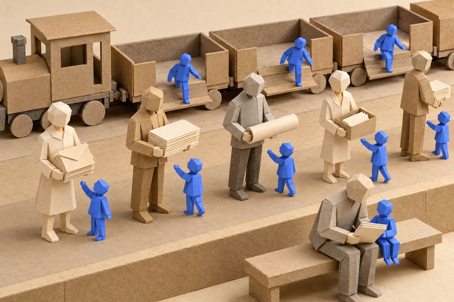 Illustration: small blue paper figures step off a paper train to join office workers waiting with their own work.