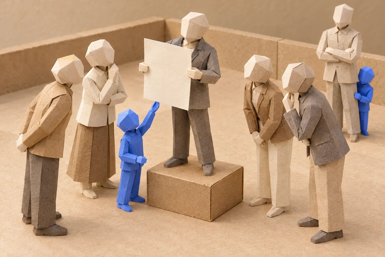 Illustration: a paper figure on a crate shows colleagues a sheet its small blue helper has just handed over.