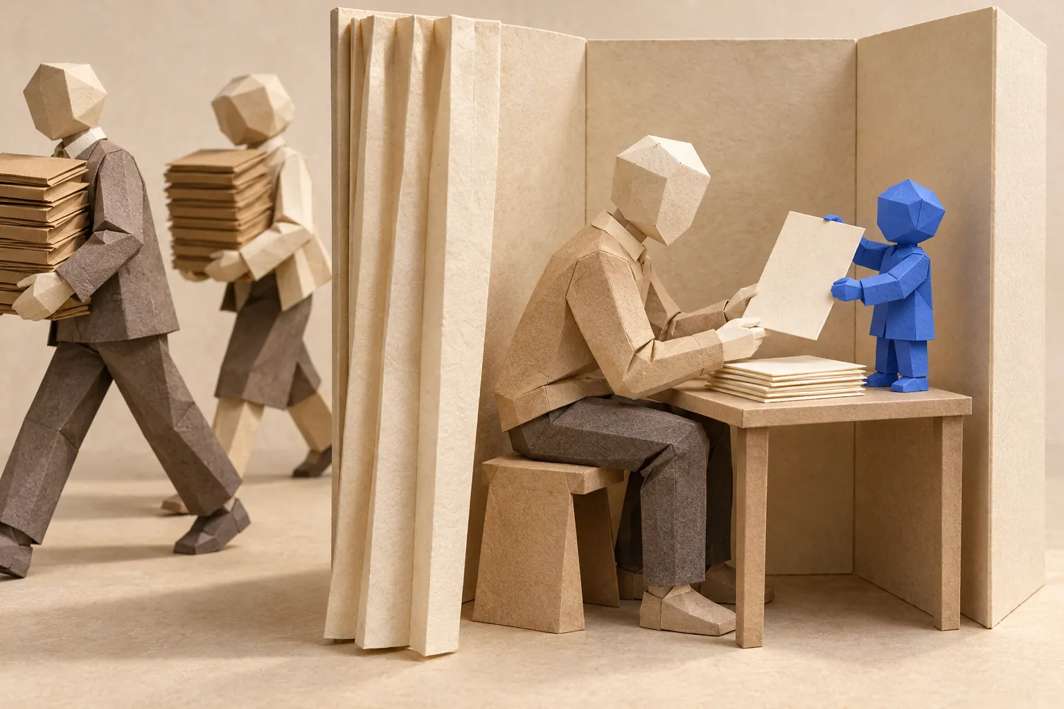 Illustration: a paper figure works through its own papers with a small blue helper in a quiet screened nook.