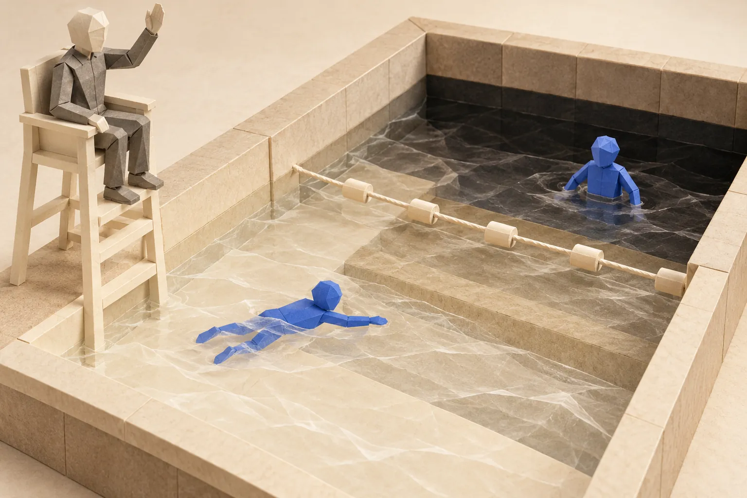 Illustration: paper illustration of two assistants using different parts of a pool under supervision.