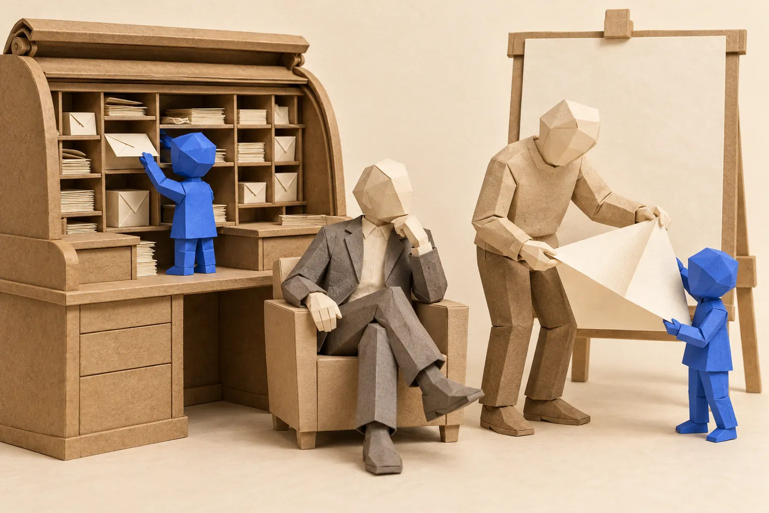Illustration: paper illustration of assistants handling filed documents and helping a person draft new work.