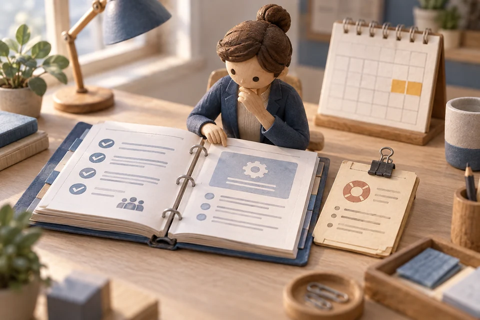 Illustration: conceptual miniature illustration of a colleague comparing a service binder with a separate support record and a marked calendar period