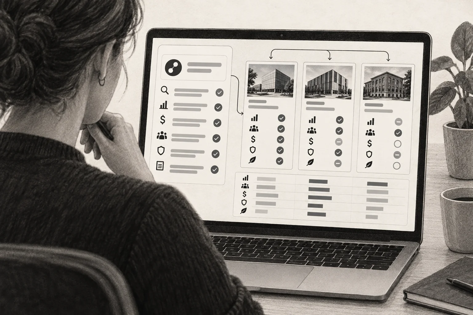 Illustration: a customer reviewing companies investigated by a personal AI assistant