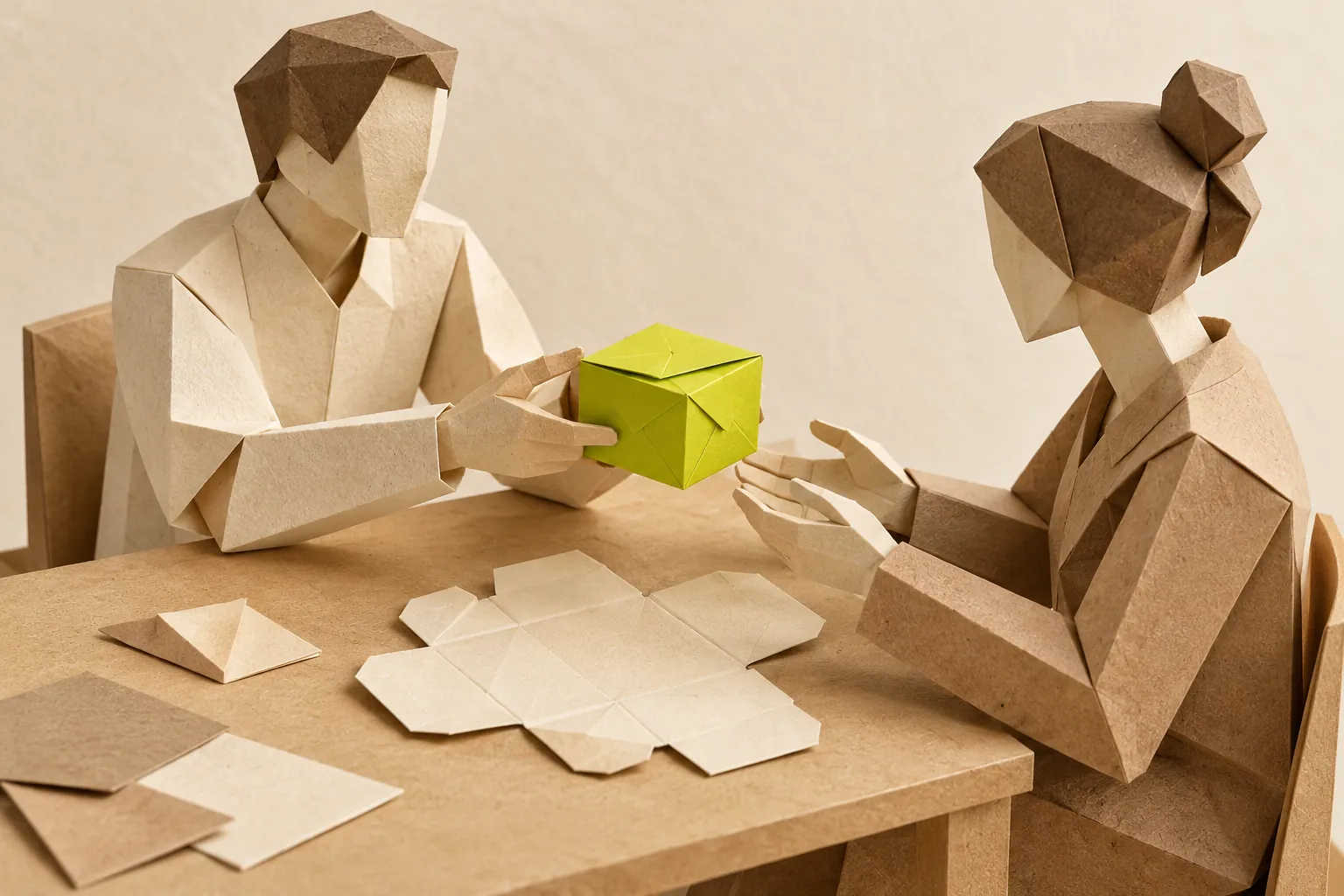 Illustration: two folded-paper colleagues pass a green paper box across a table.