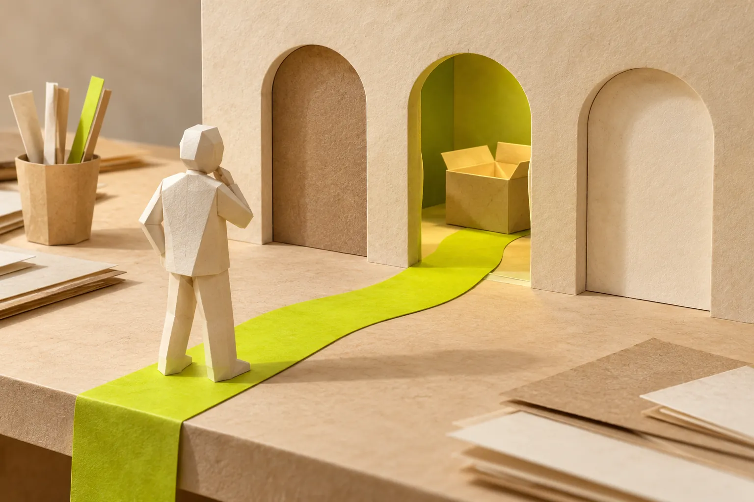Illustration: a folded-paper figure follows a green strip through one of three doorways.