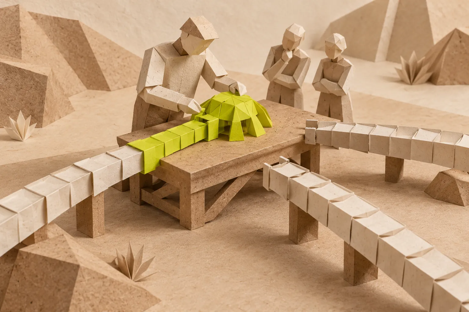 Illustration: a paper craftsperson connects a green construction to one of several tracks while colleagues watch.
