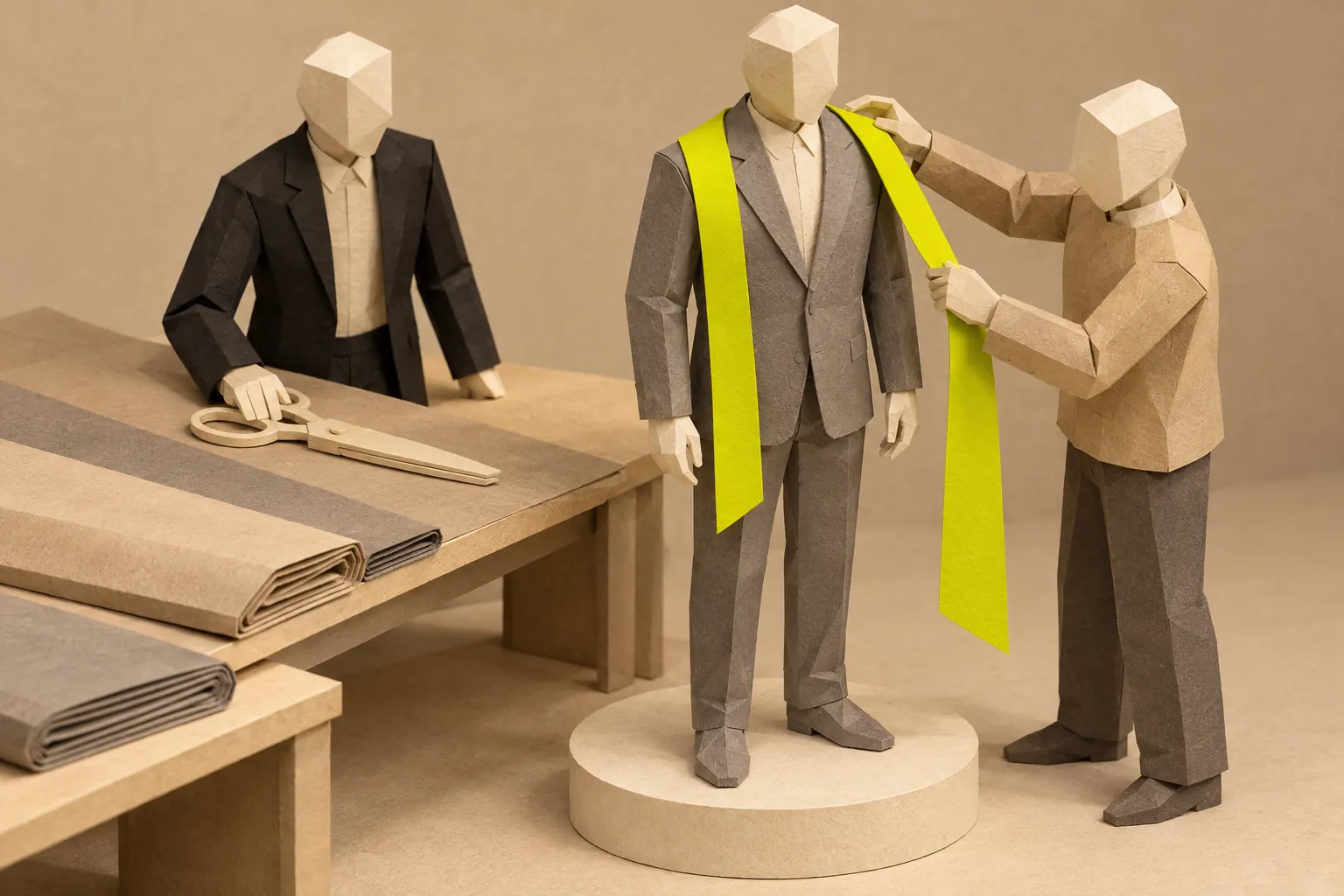 Illustration: in a paper tailor’s room, one figure takes a customer’s measure with a chartreuse ribbon while another waits by uncut cloth.