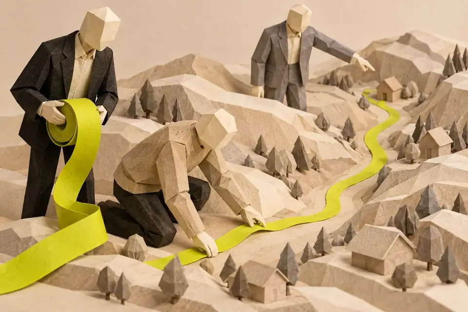 Illustration: paper model of hills and houses: a figure in a grey suit points at one house while two others lay a chartreuse path to it.