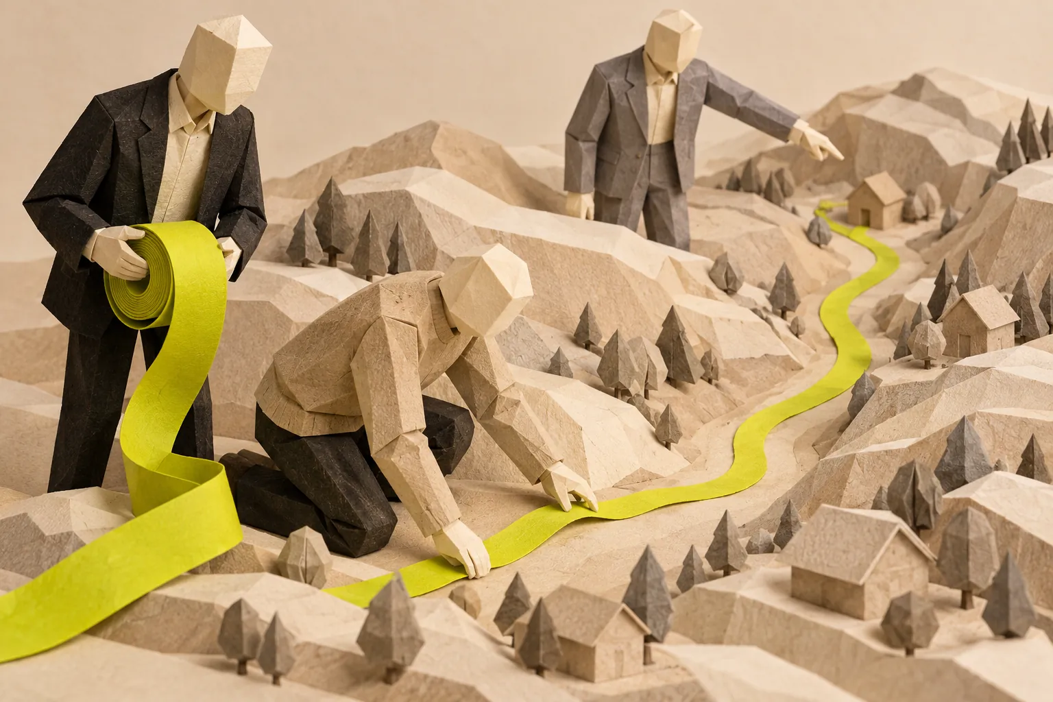 Illustration: paper model of hills and houses: a figure in a grey suit points at one house while two others lay a chartreuse path to it.
