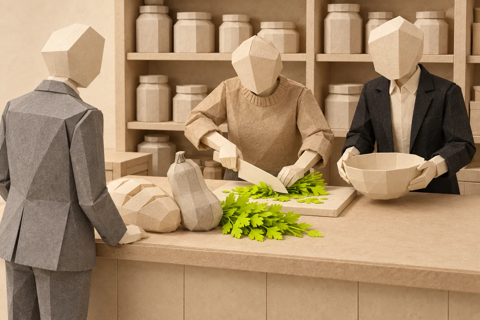Illustration: at a paper kitchen counter, a figure sets down bread, a squash and green herbs, and two cooks cut the herbs for a bowl.