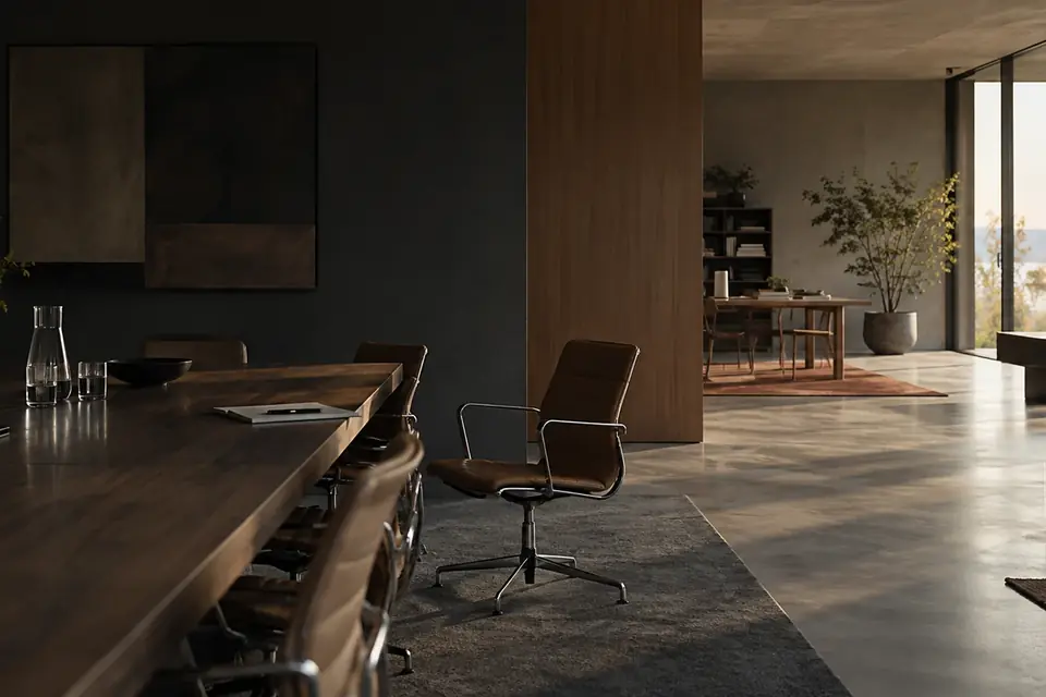 Illustration of an empty meeting table and a desk beside a sunlit window