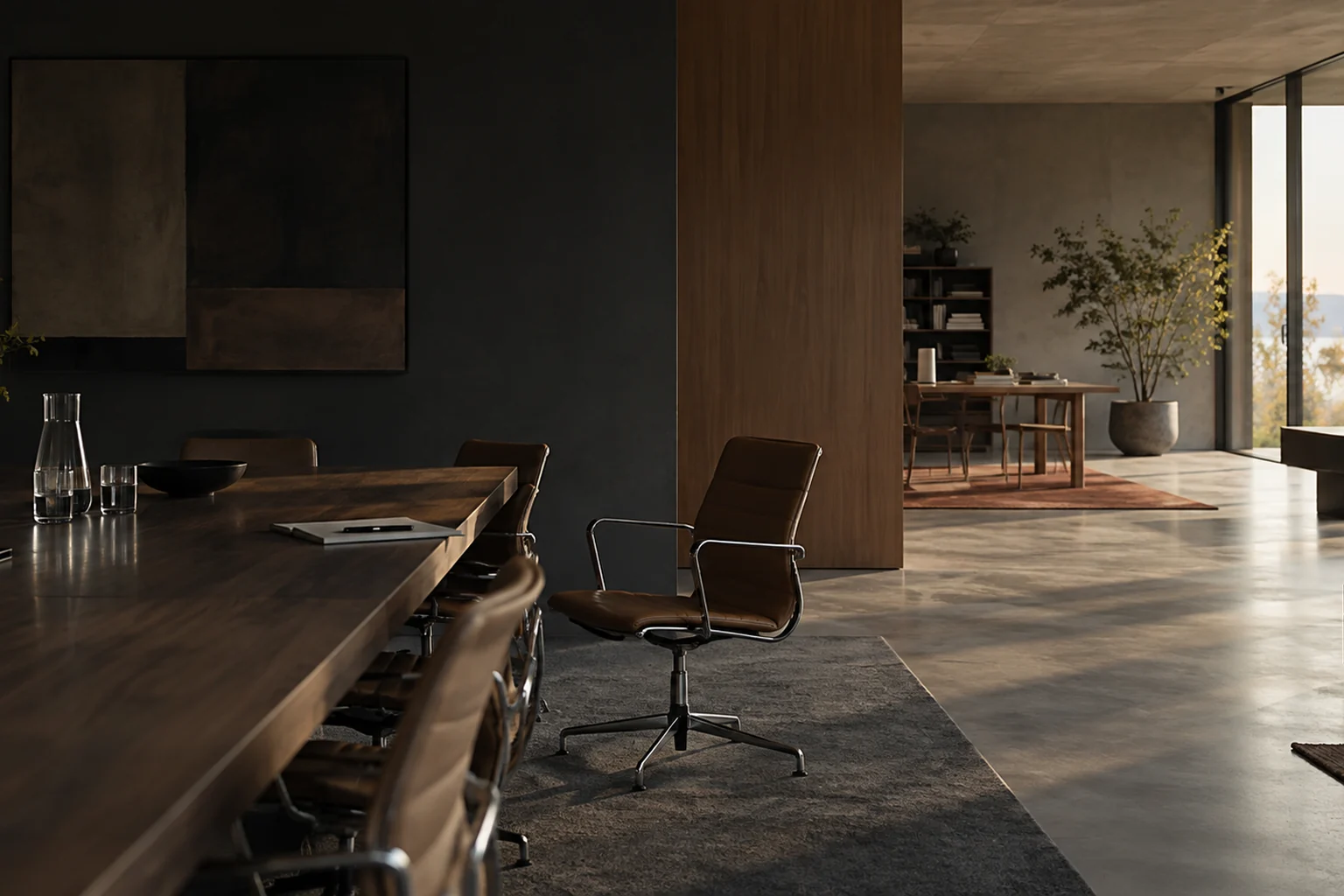 Illustration of an empty meeting table and a desk beside a sunlit window