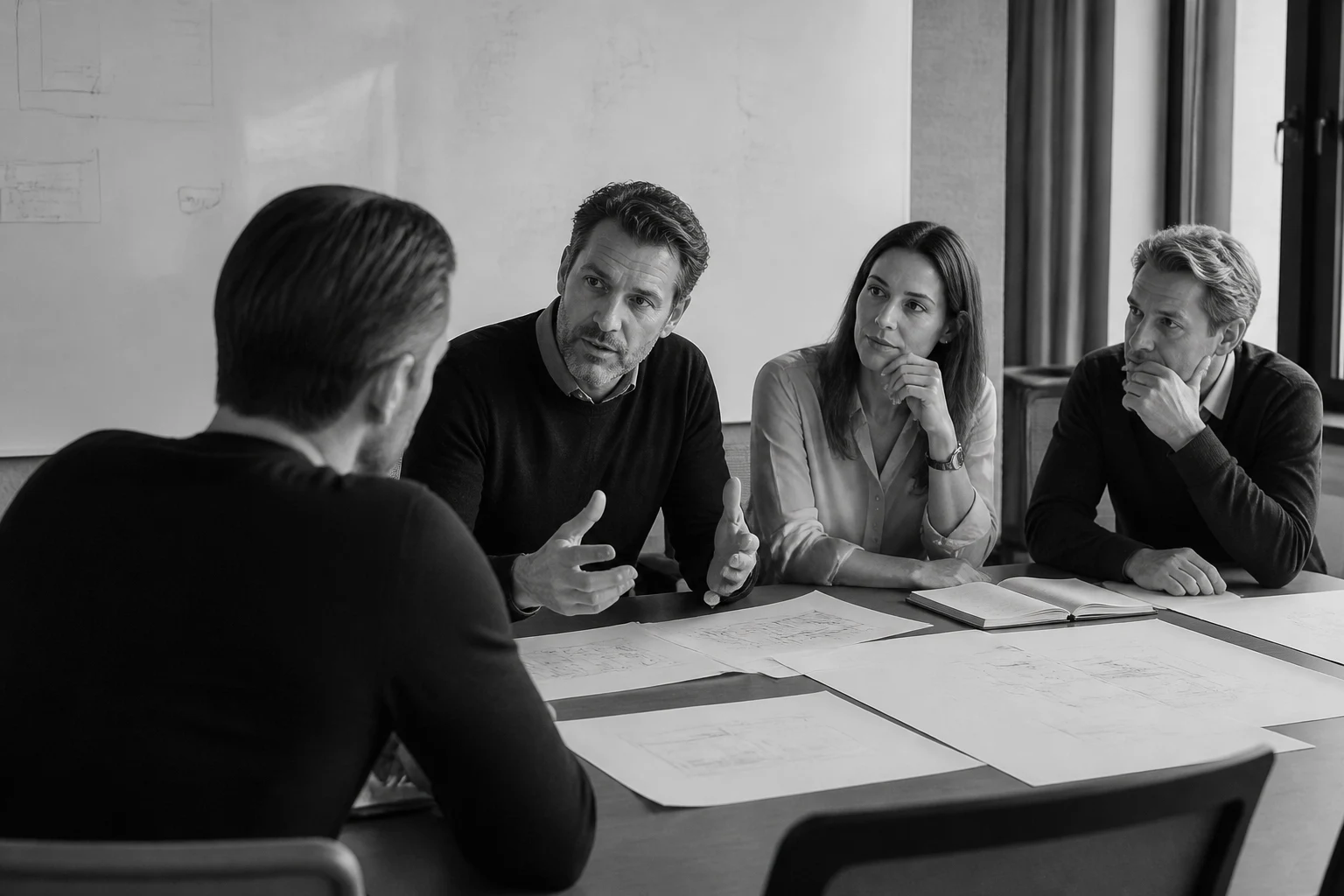 Jacob seen from behind at eye level in a strategic working conversation with three experienced leaders