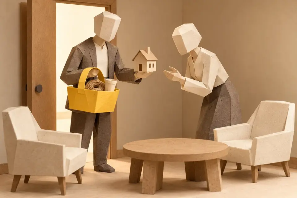 Illustration: a visitor brings a model house into a conversation.