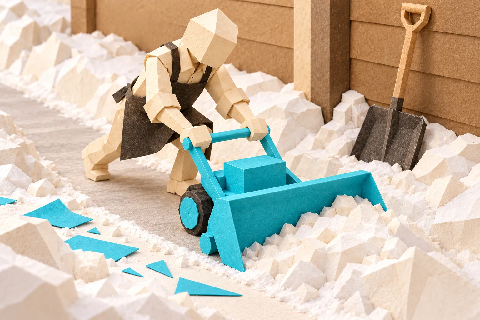Illustration: a faceless paper figure in an apron pushes an aqua cyan paper snowplough through drifts of cream paper snow and clears a path, while a paper shovel leans against a kraft wall and cyan offcuts lie on the path behind