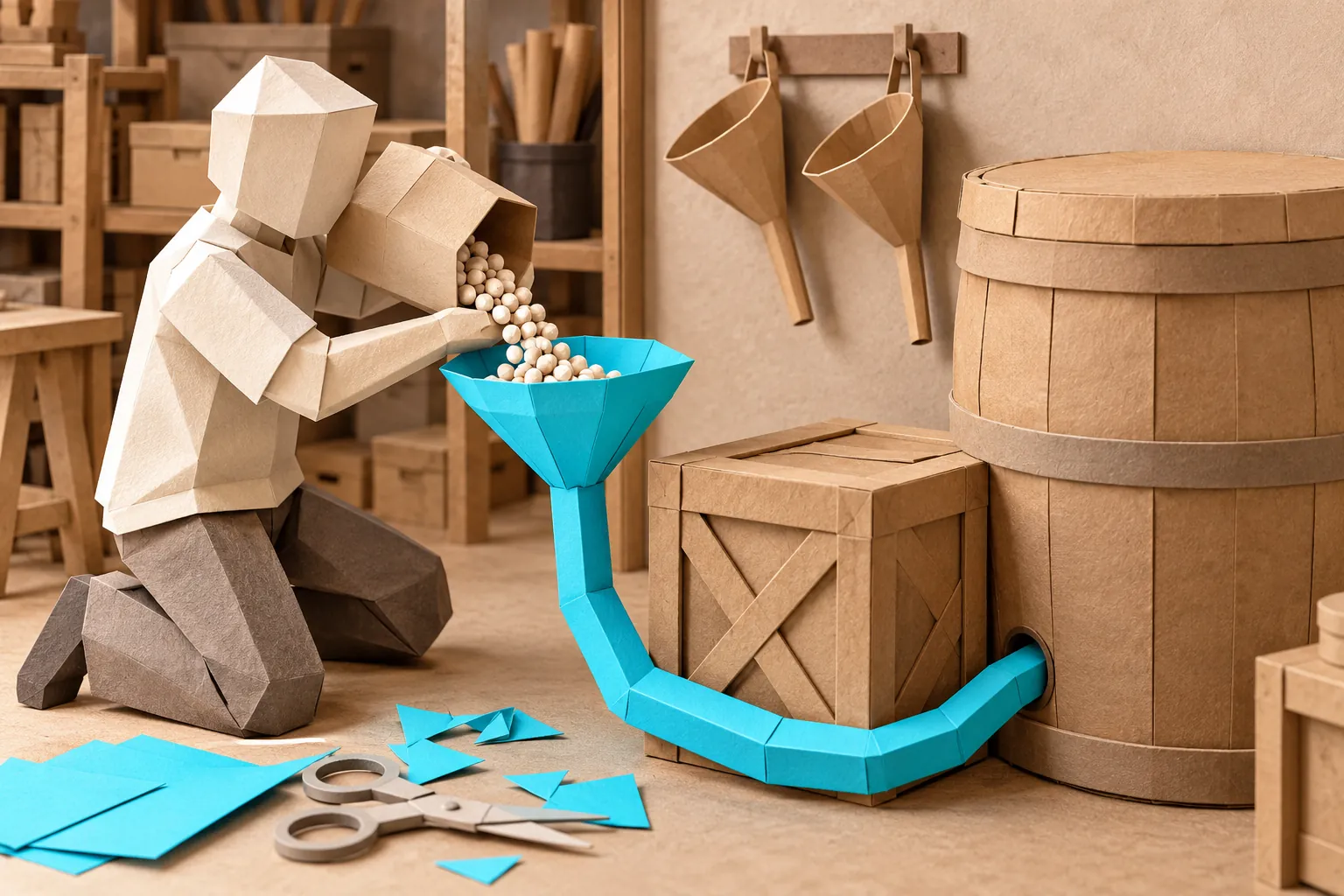 Illustration: a faceless paper figure kneels and pours paper beads from a box into an aqua cyan paper funnel whose long tube bends round a crate into a small hole low on a big paper barrel; cyan offcuts and scissors lie on the floor, and two plain kraft funnels hang on the wall
