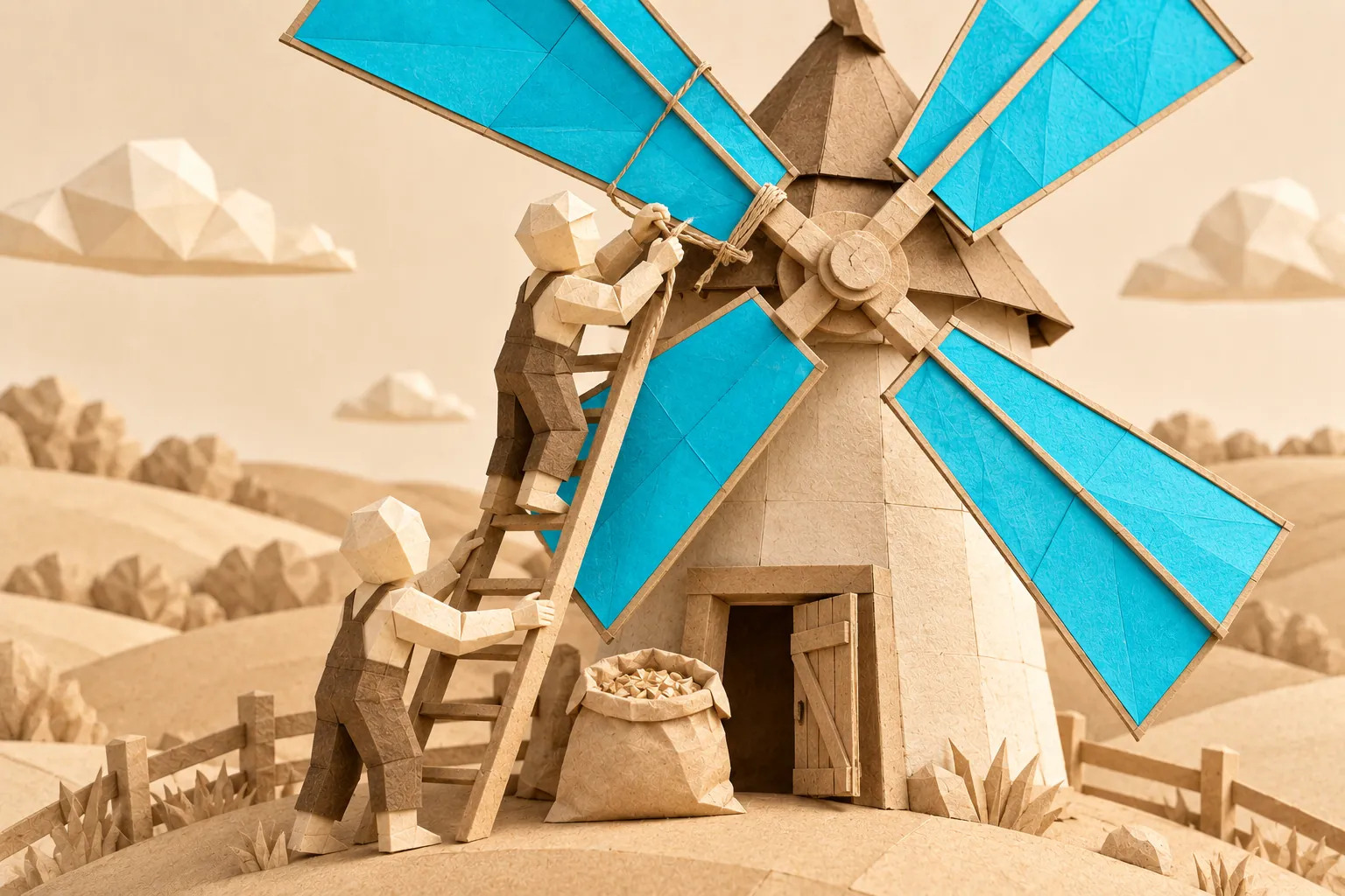 Illustration: two faceless paper figures in overalls tend a paper windmill with four aqua cyan sails on a small hill: one on a ladder ties a sail with string while the other steadies the ladder, and a full sack of grain stands by the open door