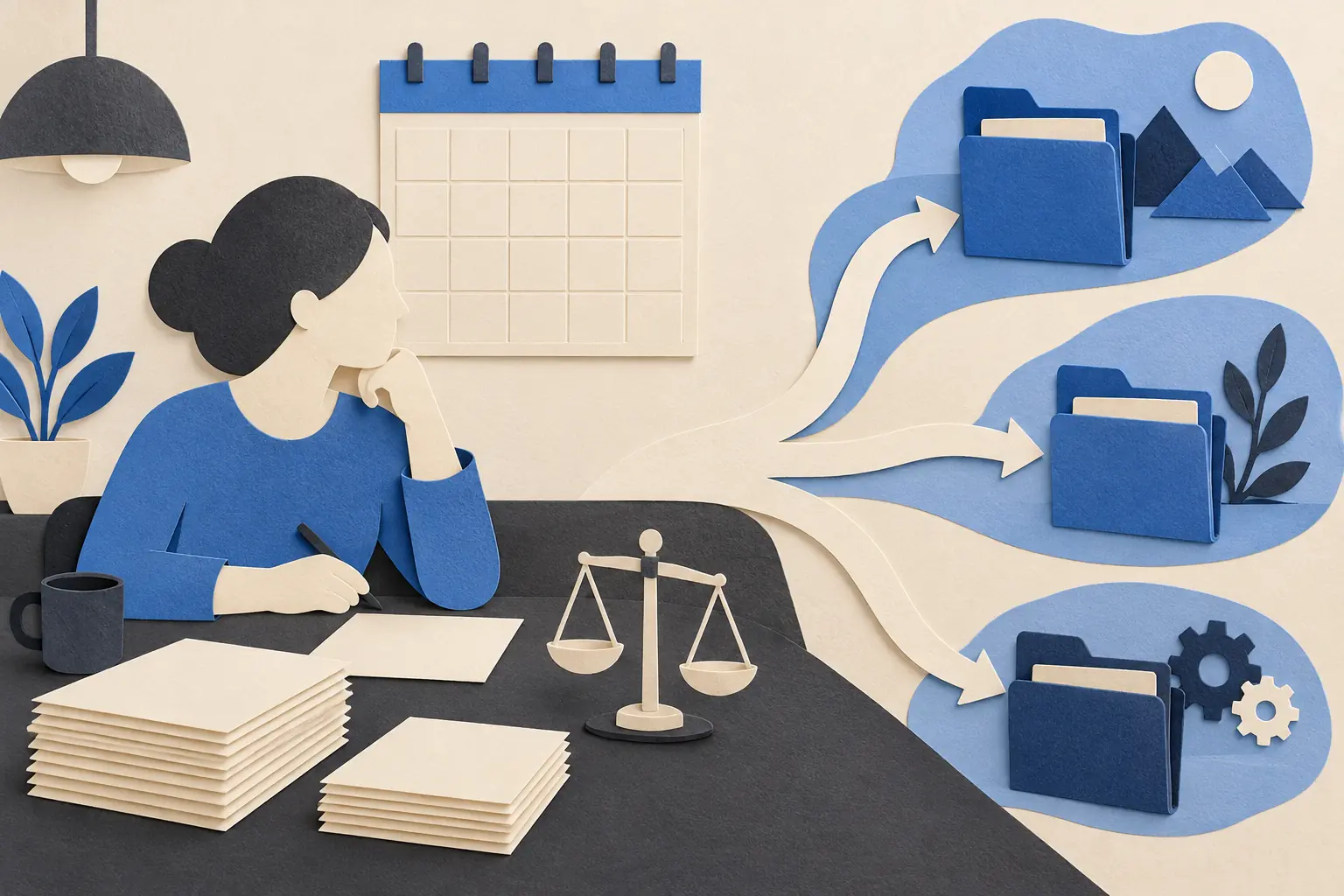 Illustration of a person weighing project folders at a desk.